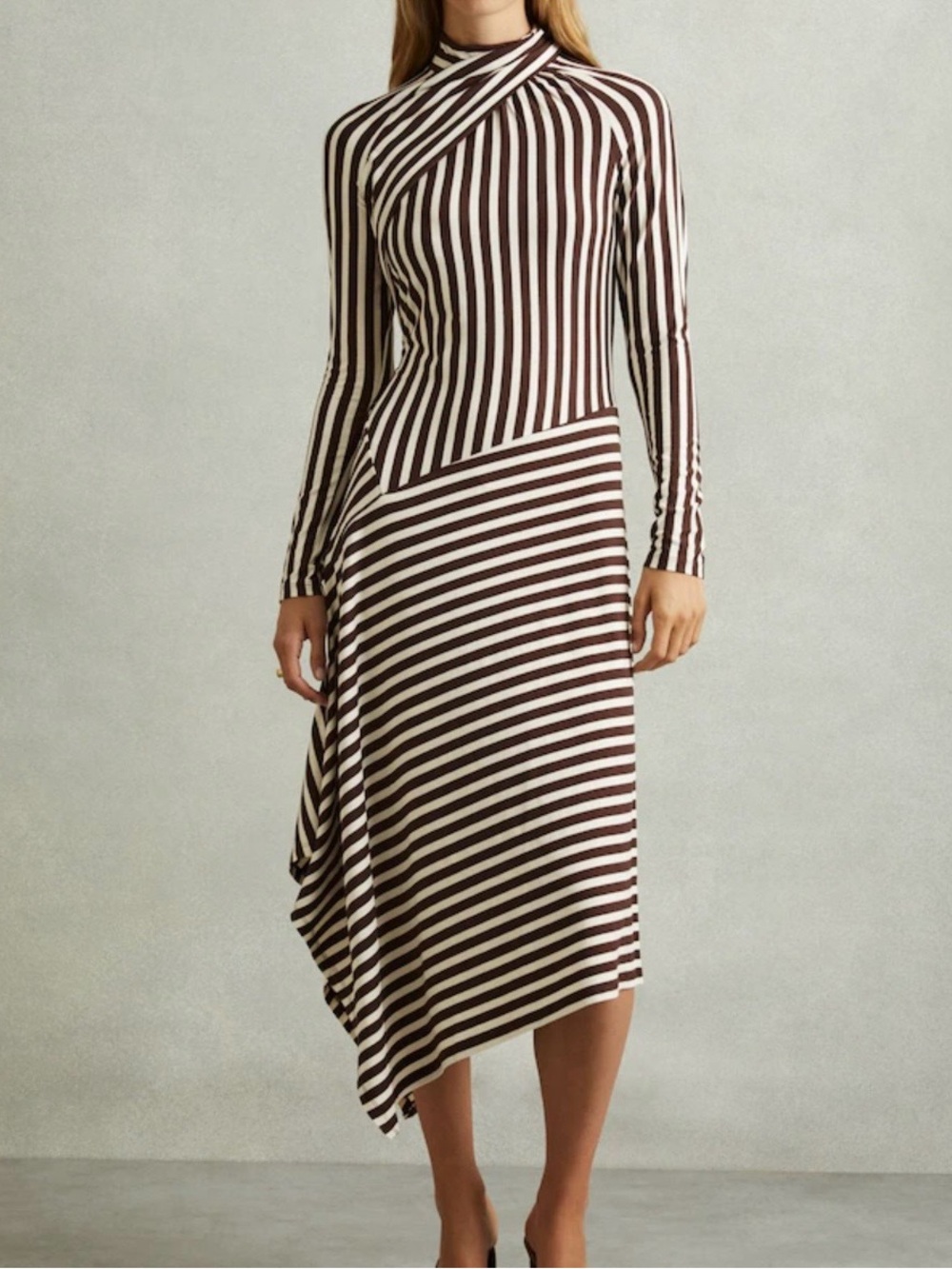 Reiss Brown and Cream Striped Long-Sleeve Asymmetric Midi Dress New w/o tag S